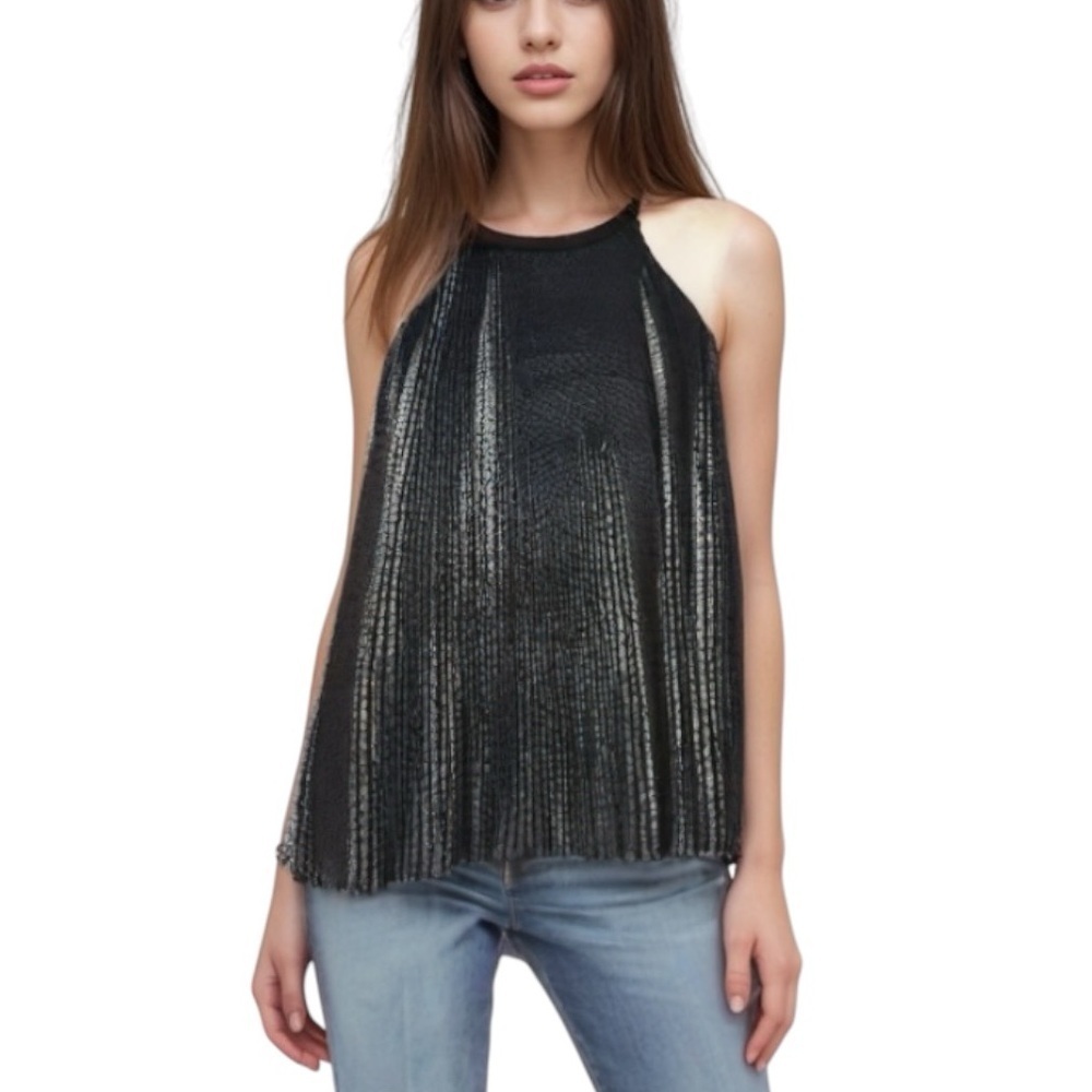 Ecru Pleated Swing Tank Top Black Floral Print High Neck Sleeveless M